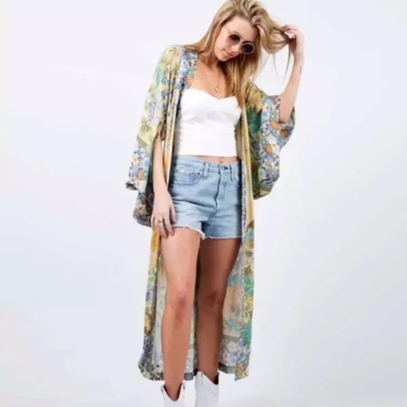 Yellow Gypsy Willow Floral Open Kimono Duster Robe - Picture 2 of 7